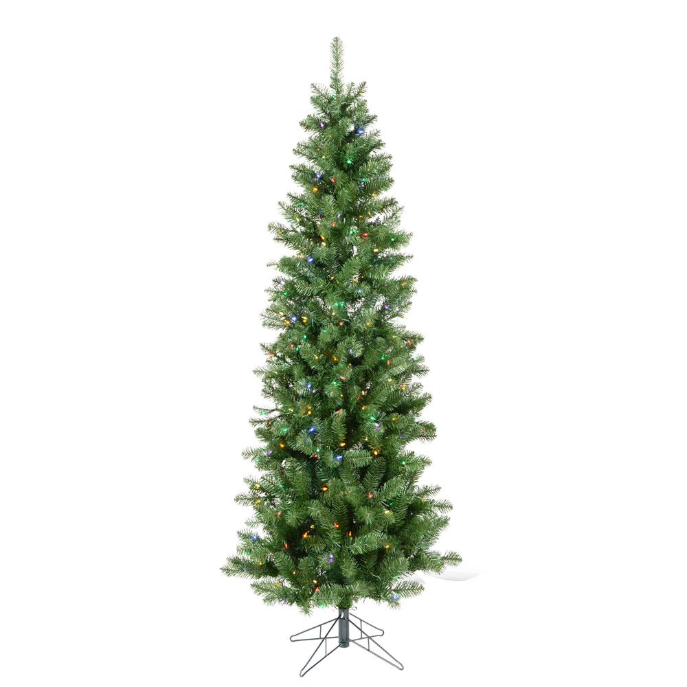 7.5 Foot Salem Pencil Pine Artificial Christmas Tree 300 DuraLit LED M5 Italian Multi Color Mini Lights