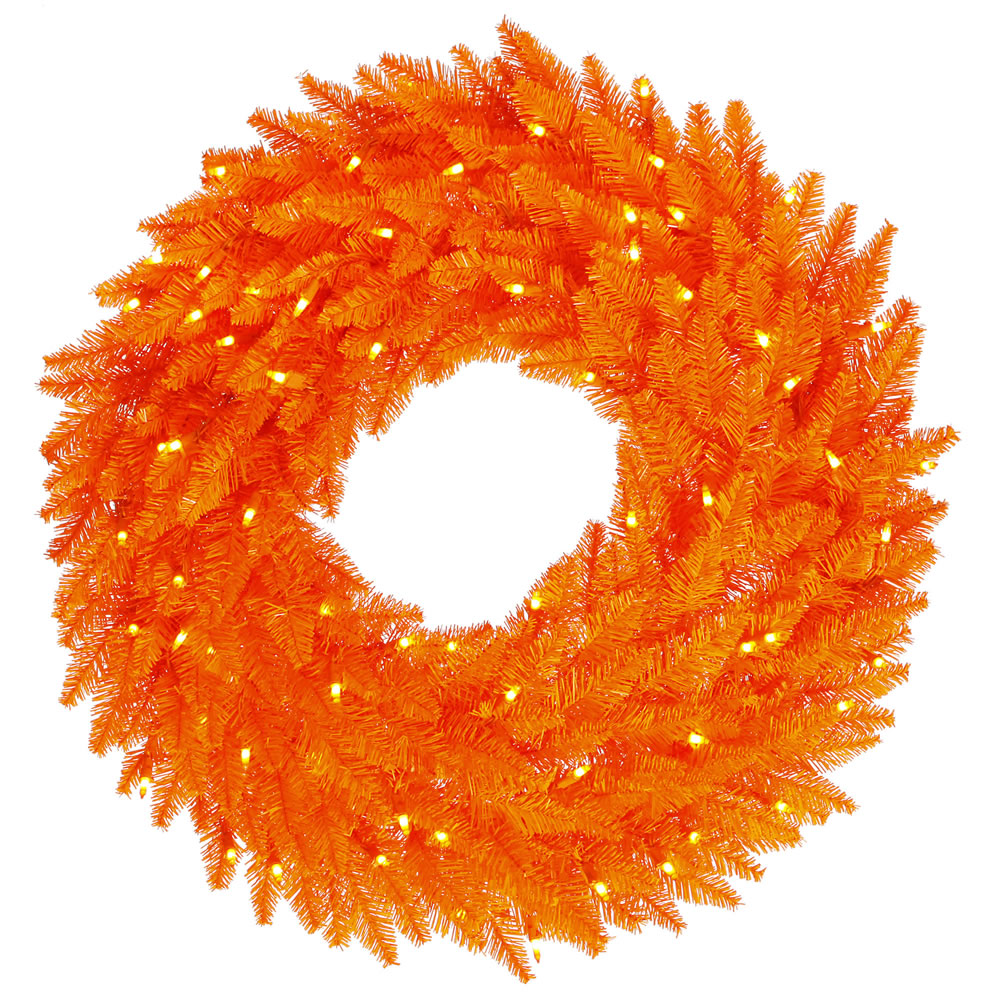 30 Inch Orange Fir Artificial Halloween Wreath 100 DuraLit Incandescent Orange Mini Lights