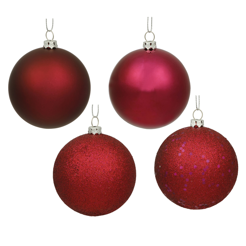 4.75 Inch Wine Assorted Finishes Round Christmas Ball Ornament 4 per Set