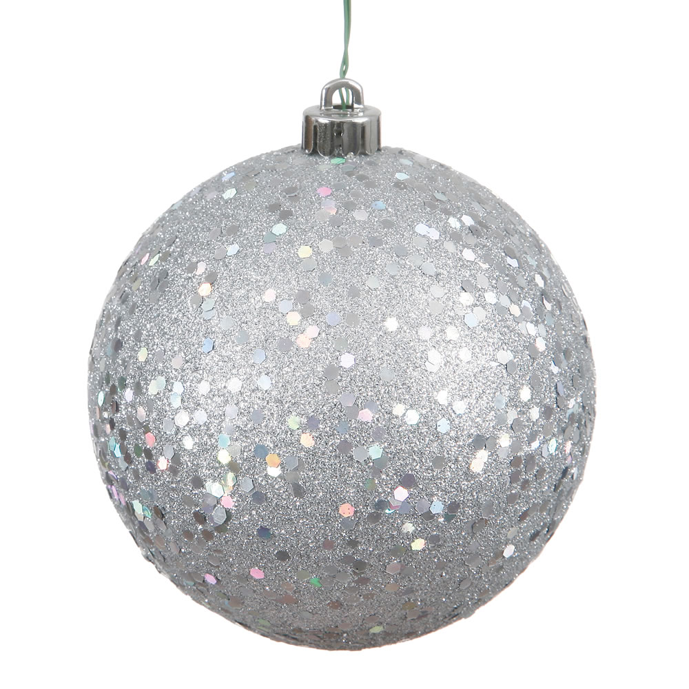 6 Inch Silver Sequin Round Shatterproof UV Christmas Ball Ornament 4 per Set