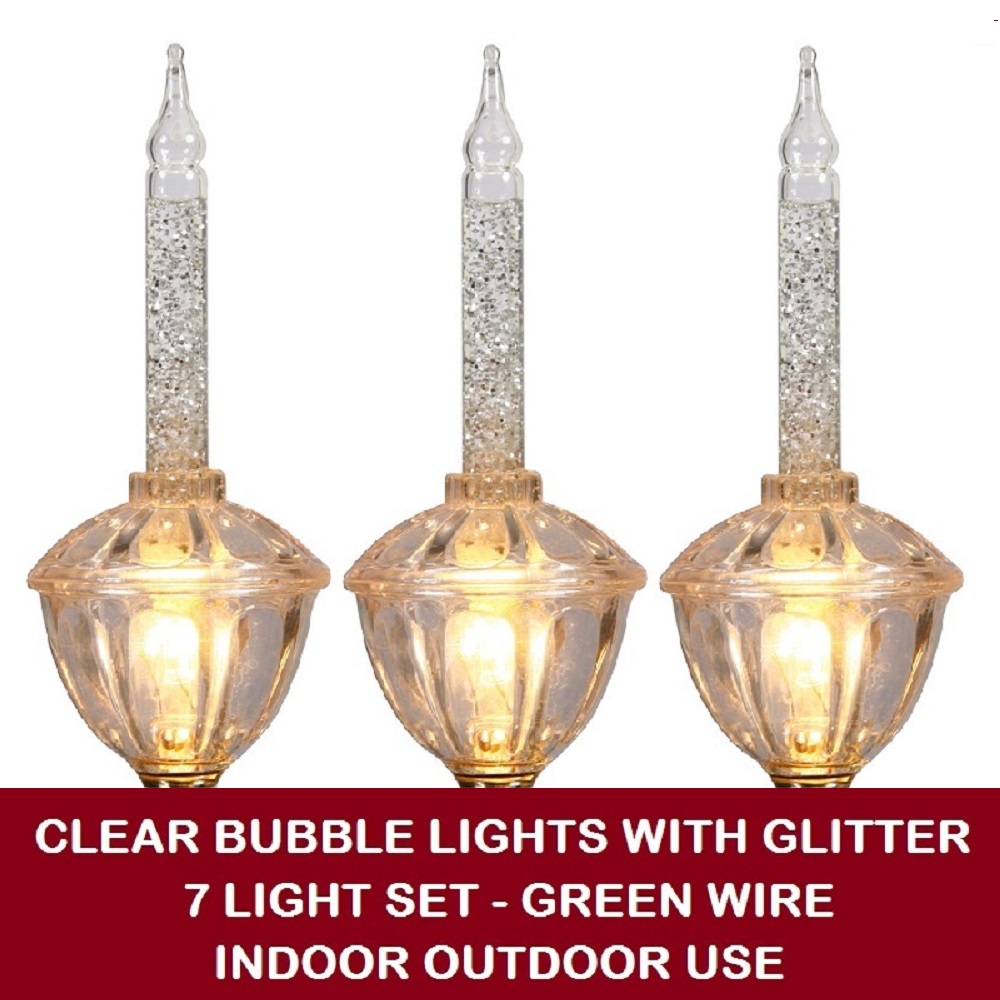 Christmastopia.com 7 Incandescent C7 Clear Bubble Lights with Glitter Christmas Light Set - Green Wire