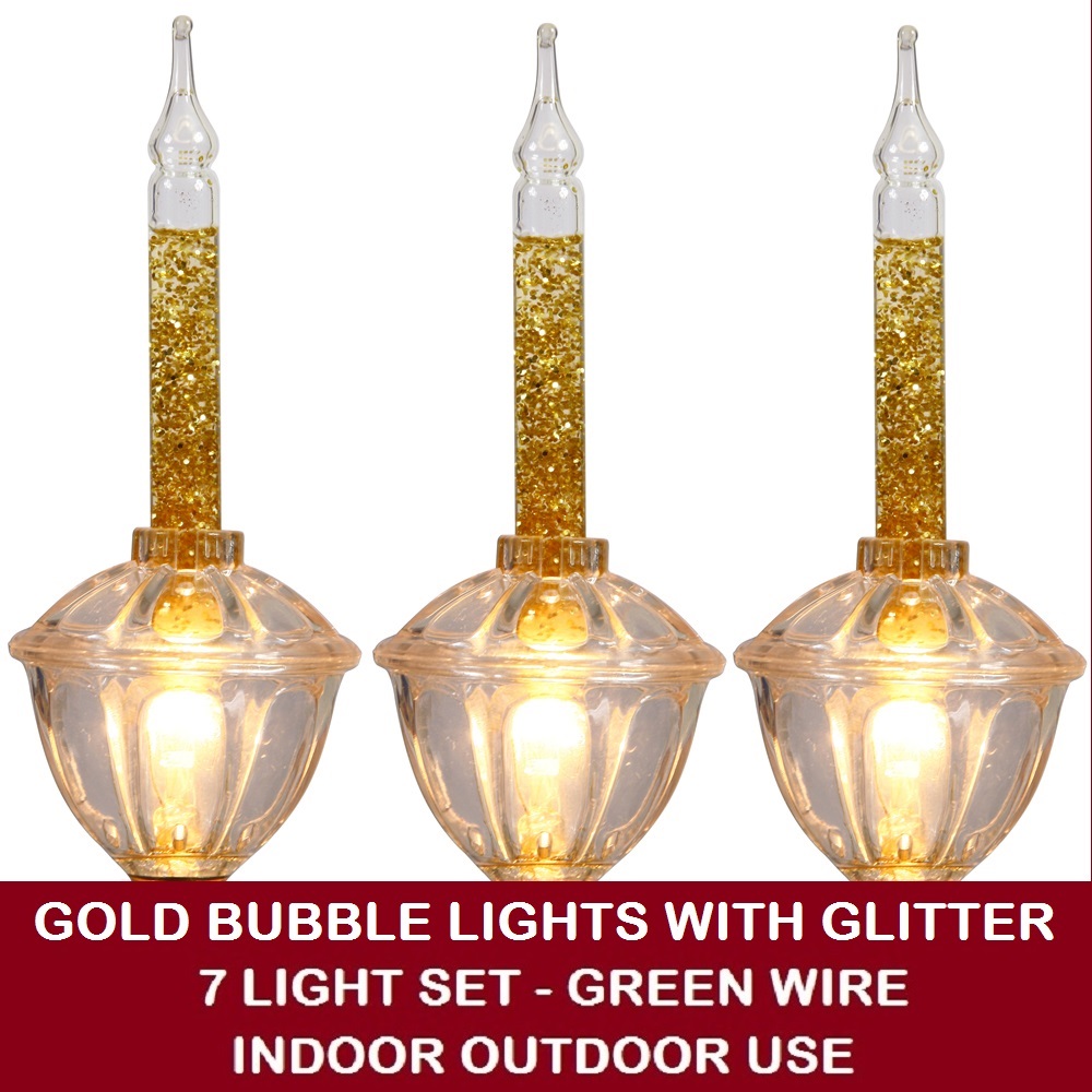 Christmastopia.com 7 Incandescent C7 Gold Bubble Lights with Glitter Christmas Light Set - Green Wire