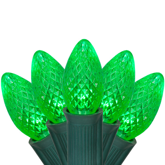 25 LED Commercial Grade C7 Night Light Green Faceted Reflector Christmas Light Set Green Wire