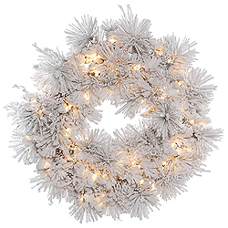 30 Inch Flocked Alberta Wreath With Pine Cones 50 DuraLit Clear Lights