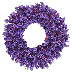 30 Inch Flocked Purple Artificial Halloween Wreath 70 Purple Lights