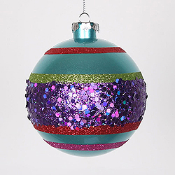 4 Inch Teal Purple Lime And Red Glitter Round Shatterproof UV Christmas Ball Ornament 4 per Set