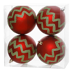 4 Inch Red And Lime Chevron Glitter Round Shatterproof UV Christmas Ball Ornament 4 per Set