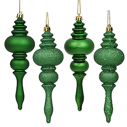 7 Inch Green Finial Assorted Finishes Christmas Ornament Shatterproof Set of 8