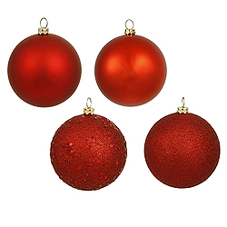 6 Inch Red Assorted Finishes Round Christmas Ball Ornament 4 per Set