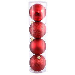 10 Inch Red Ball Ornament Assorted Finishes 4 per Set