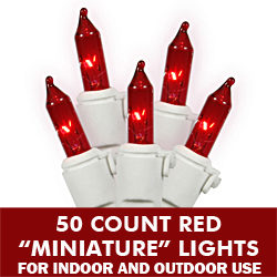 Christmastopia.com 50 Red Mini Incandescent Christmas Light Set White Wire 5.5 Inch Spacing