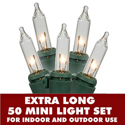 Christmastopia.com 50 Incandescent Mini Clear Extra Long Christmas Light Set 8 Inch Spacing Green Wire