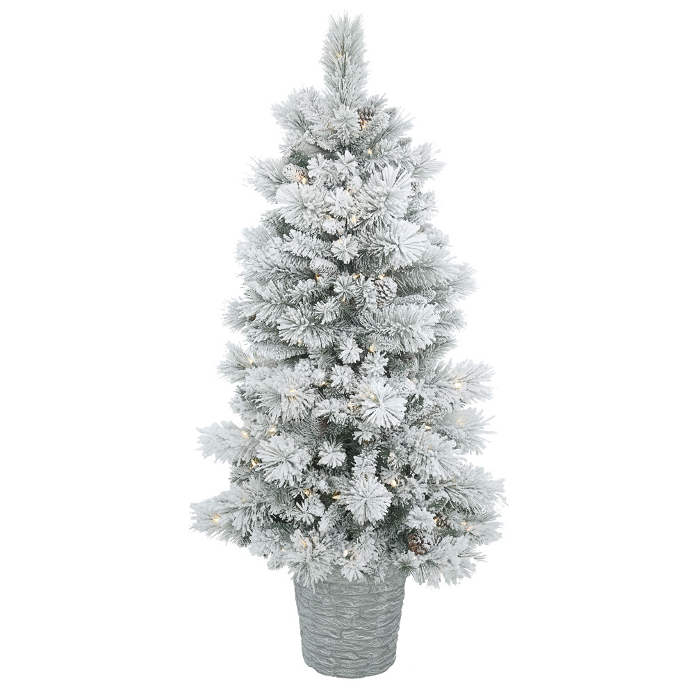 5 Foot Flocked Ashton Pine Artificial Potted Christmas Tree 150 DuraLit LED Warm White Italian Style Mini Lights