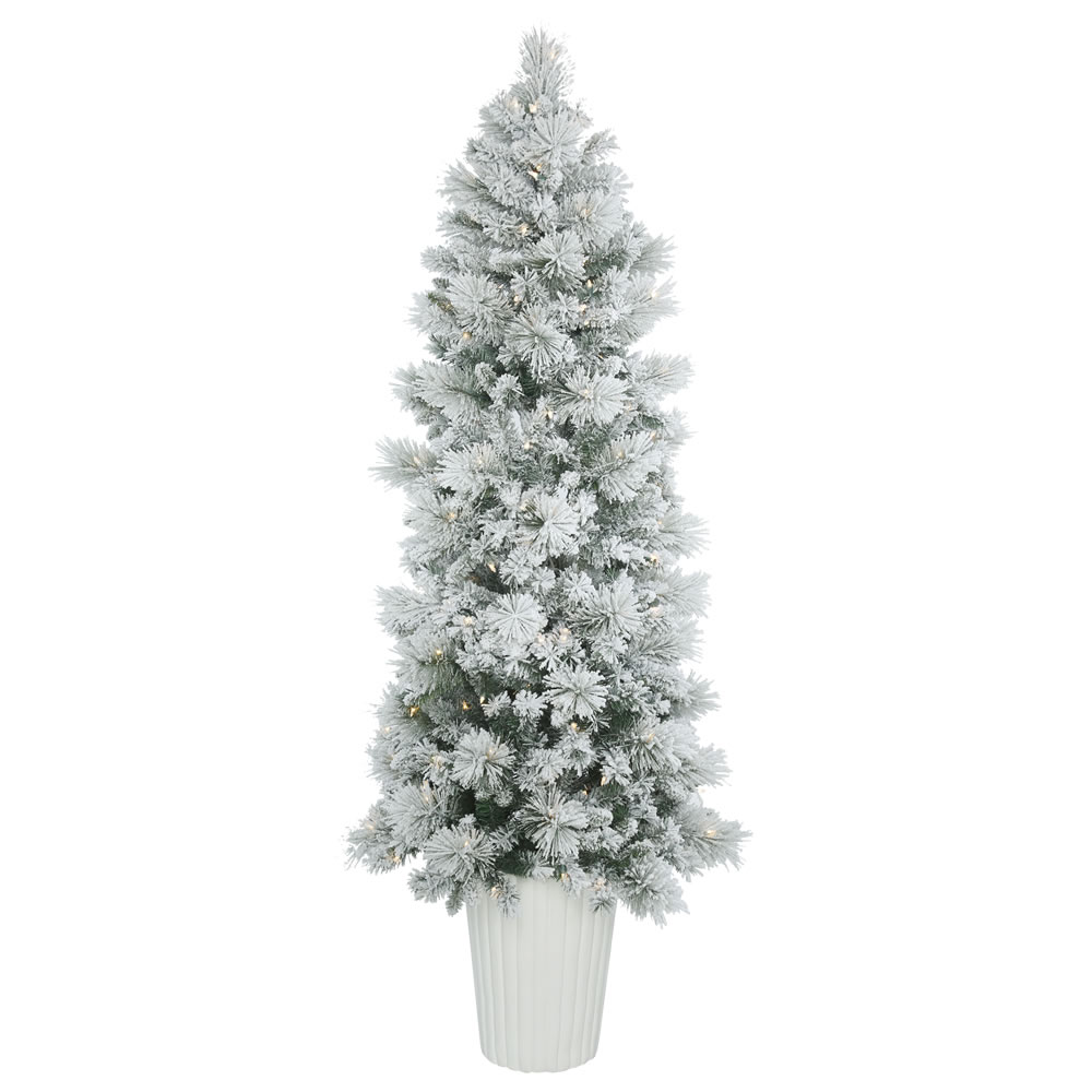 7 Foot Flocked Castle Pine Artificial Potted Christmas Tree 250 DuraLit Incandescent Clear Mini Lights