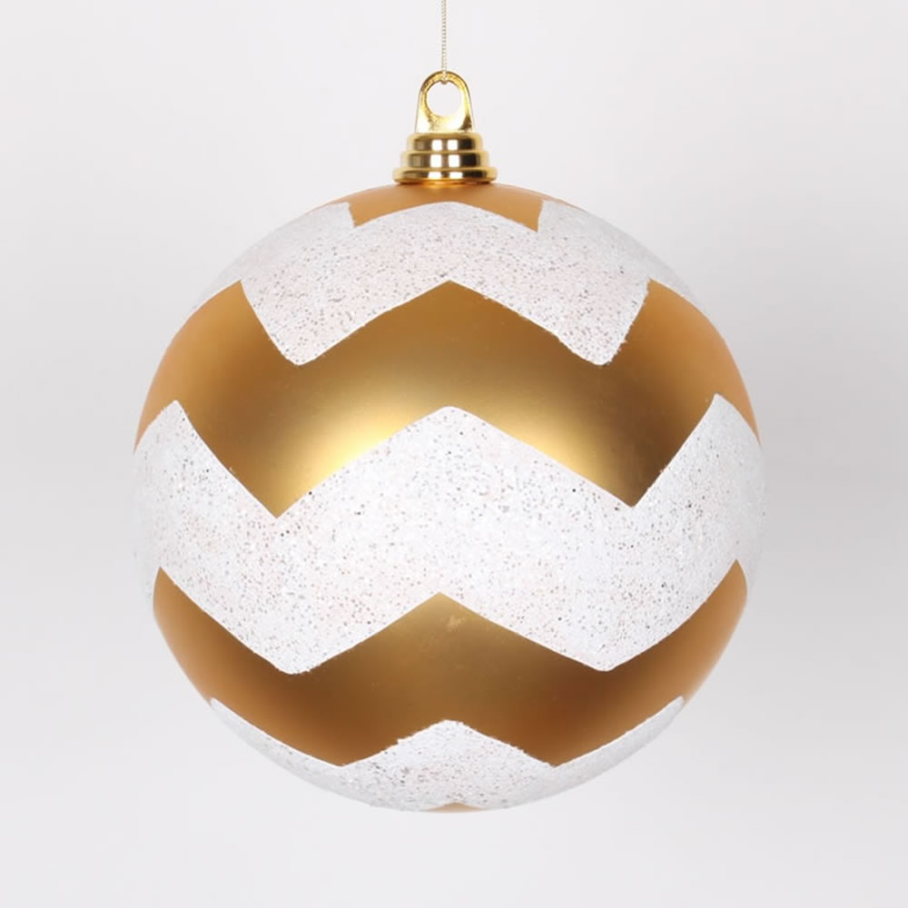 Christmastopia.com - 4.75 Inch Gold and White Matte Glitter Chevron Round Christmas Ball Ornament Shatterproof​