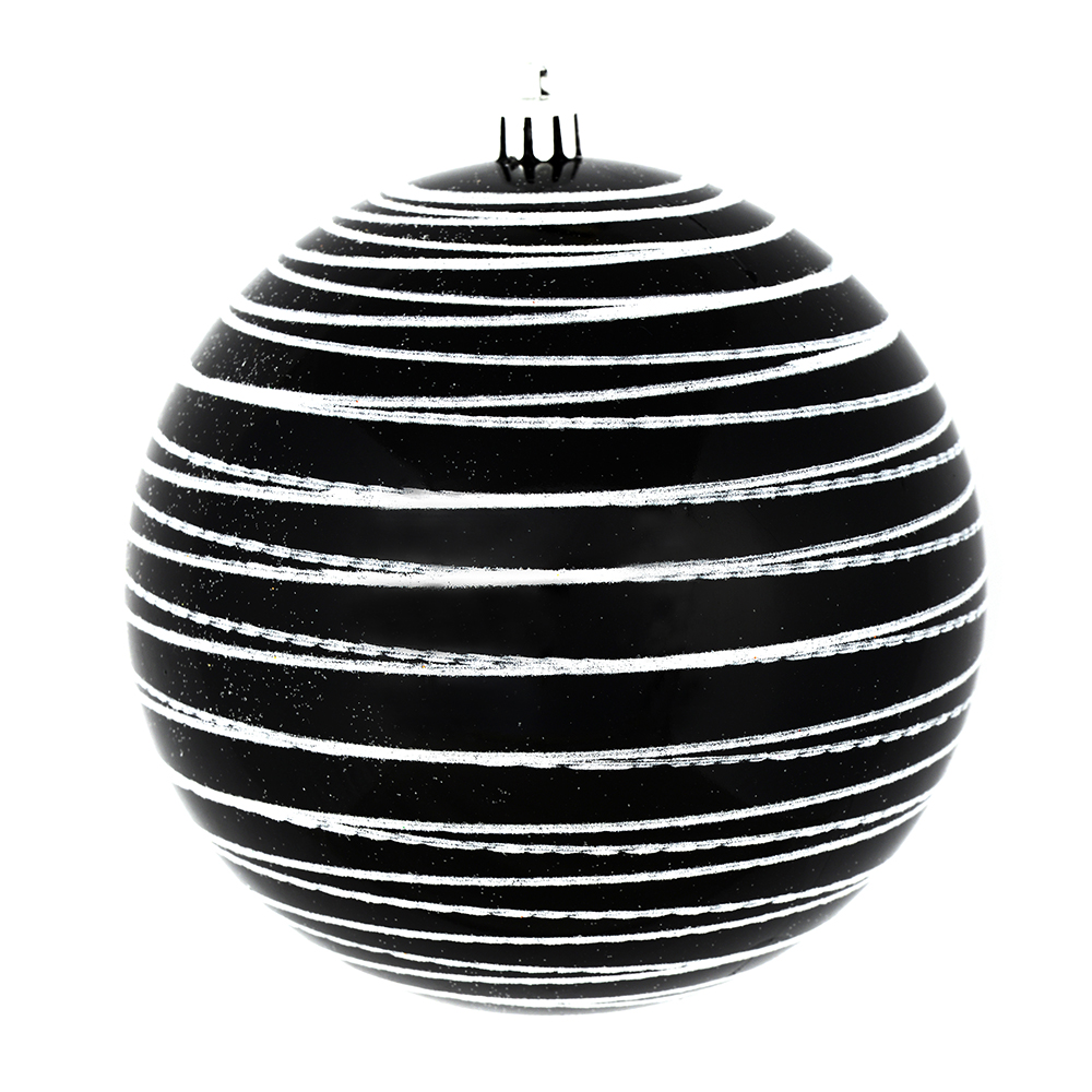 6 Inch Black White Candy Glitter Lines Round Christmas Ball Shatterproof Ornament
