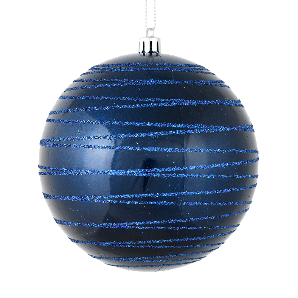 6 Inch Midnight Blue Candy Glitter Lines Round Christmas Ball Shatterproof Ornament