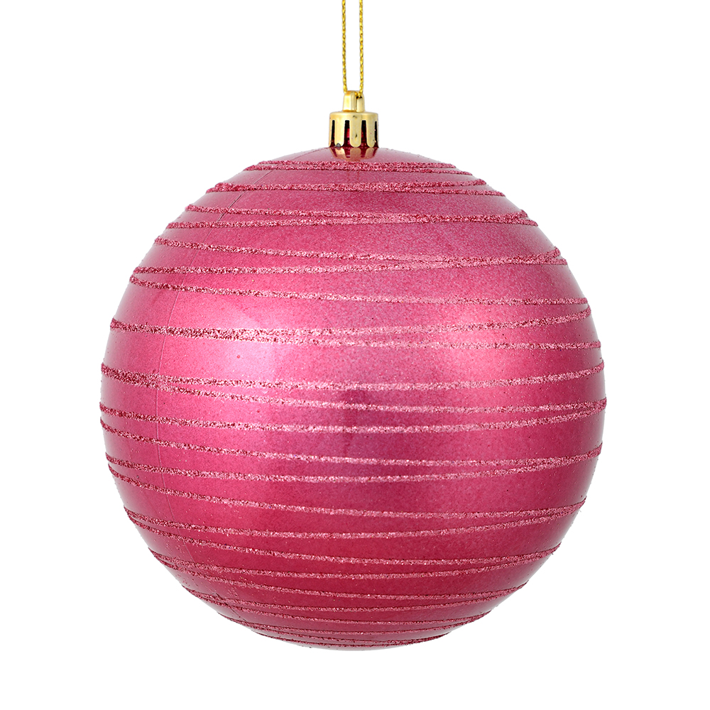 6 Inch Mauve Candy Glitter Lines Round Christmas Ball Shatterproof Ornament