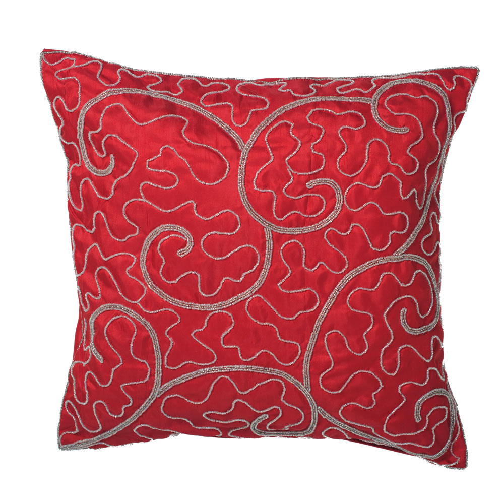 18 Inch Red Polysilk Dupioni Silver Beaded Filigree Scroll Decorative Christmas Pillow