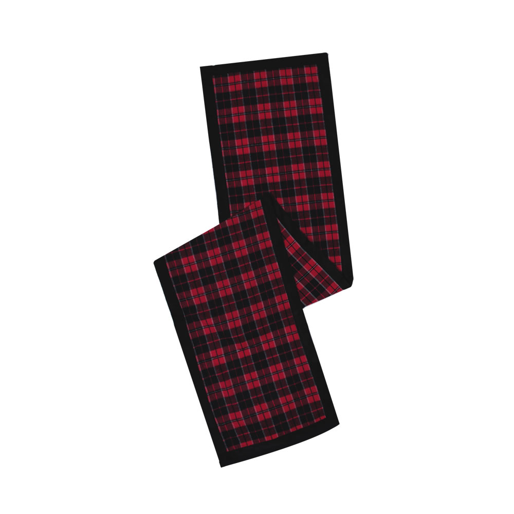 Red Black Cotton Holiday Plaid With Poly Velvet Border MacKenzie Decorative Christmas Table Runner