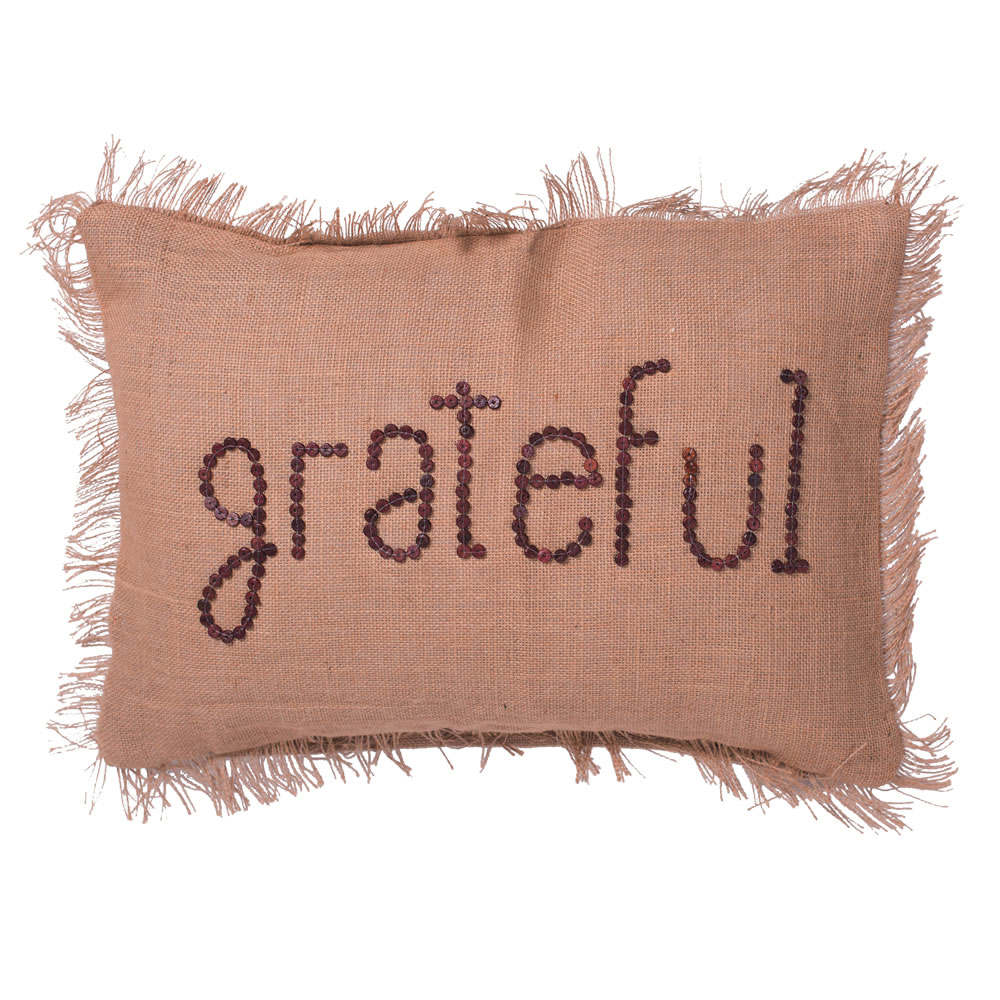 Christmastopia.com 14 Inch Rustic Harvest Burlap With Self Fringe Edge and Wood Button Wording Grateful Decorative Christmas Pillow