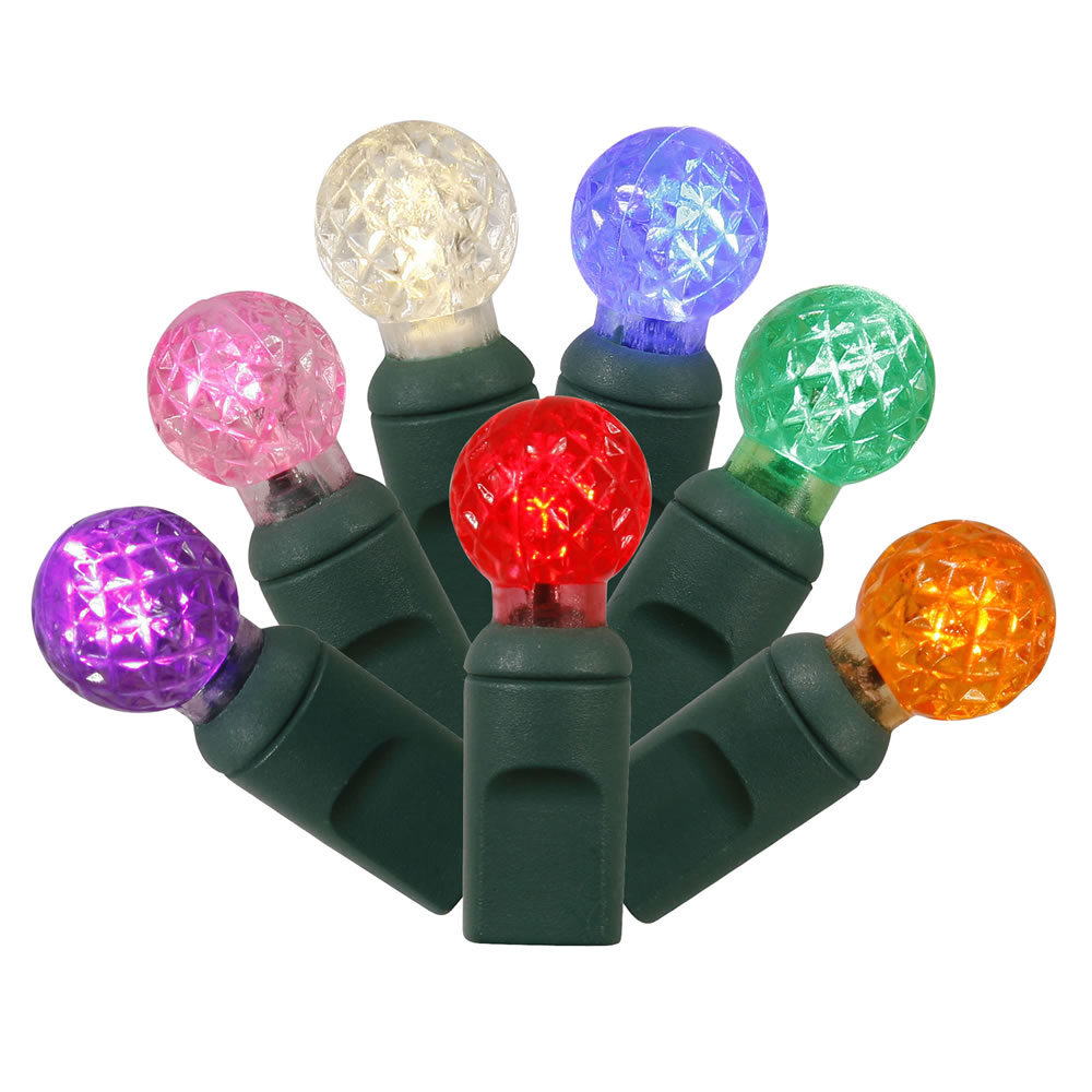 100 Commercial Grade LED G12 Berry Globe Faceted Multi Color Christmas Light Set Green Wire