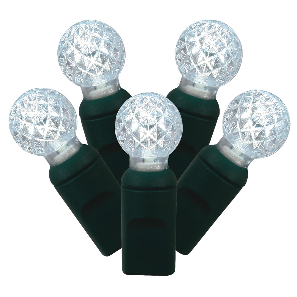 100 Commercial Grade LED G12 Berry Globe Faceted Pure White Christmas Light Set Green Wire