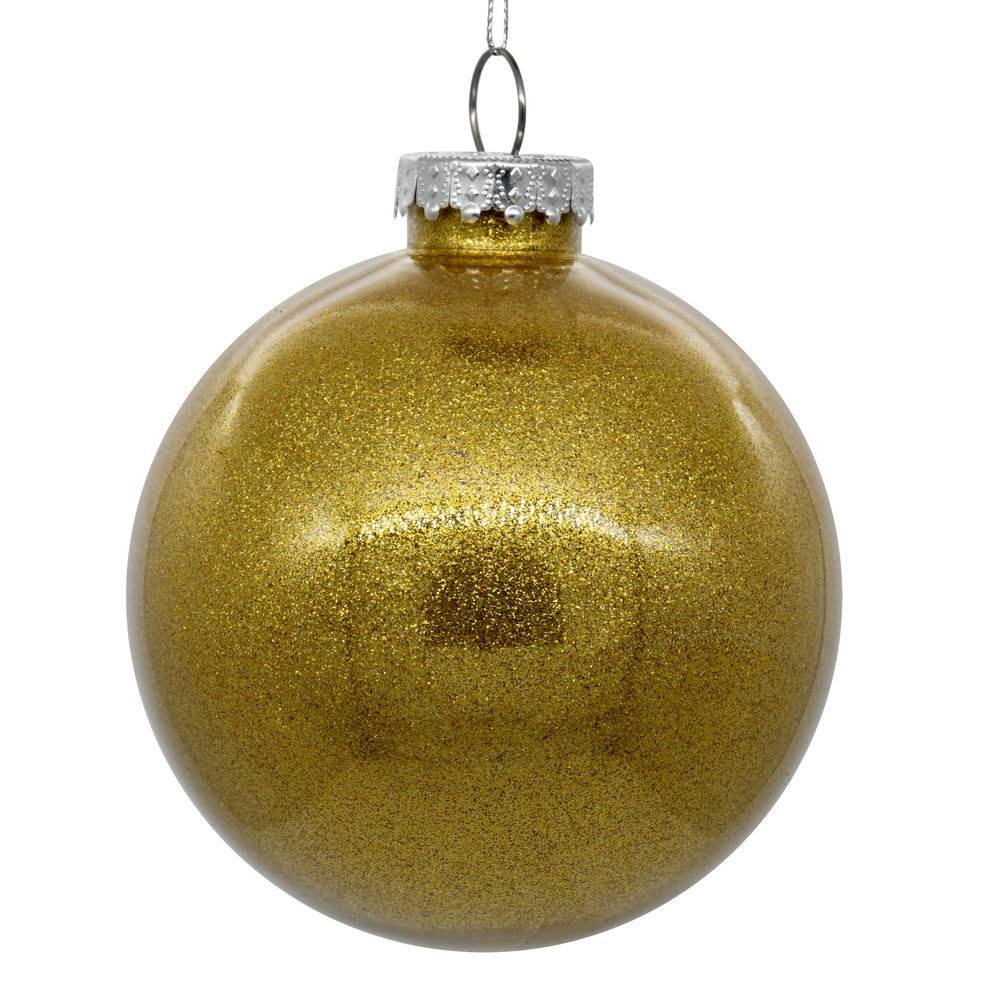 3 Inch Honey Gold Glitter Clear Round Christmas Ball Ornament Shatterproof