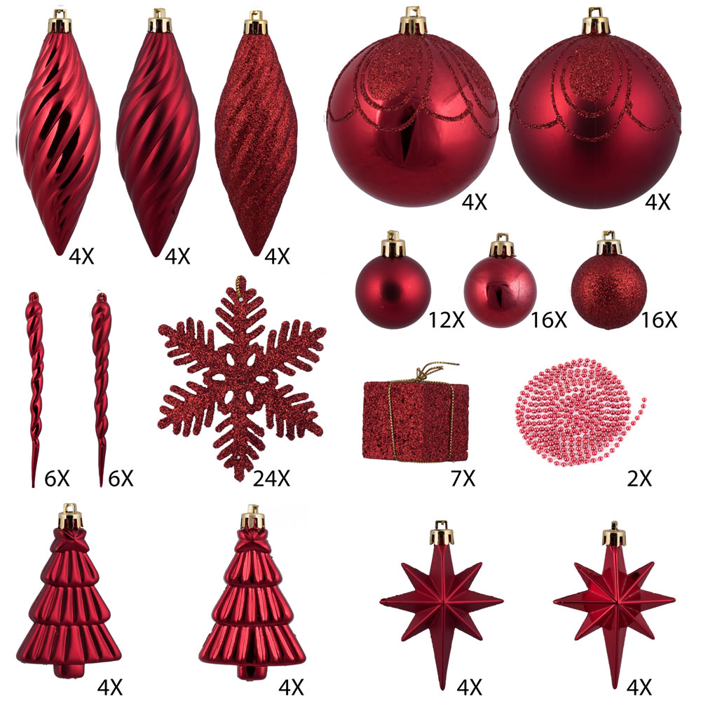 125 Piece Red Assorted Plastic Christmas Ornament Set