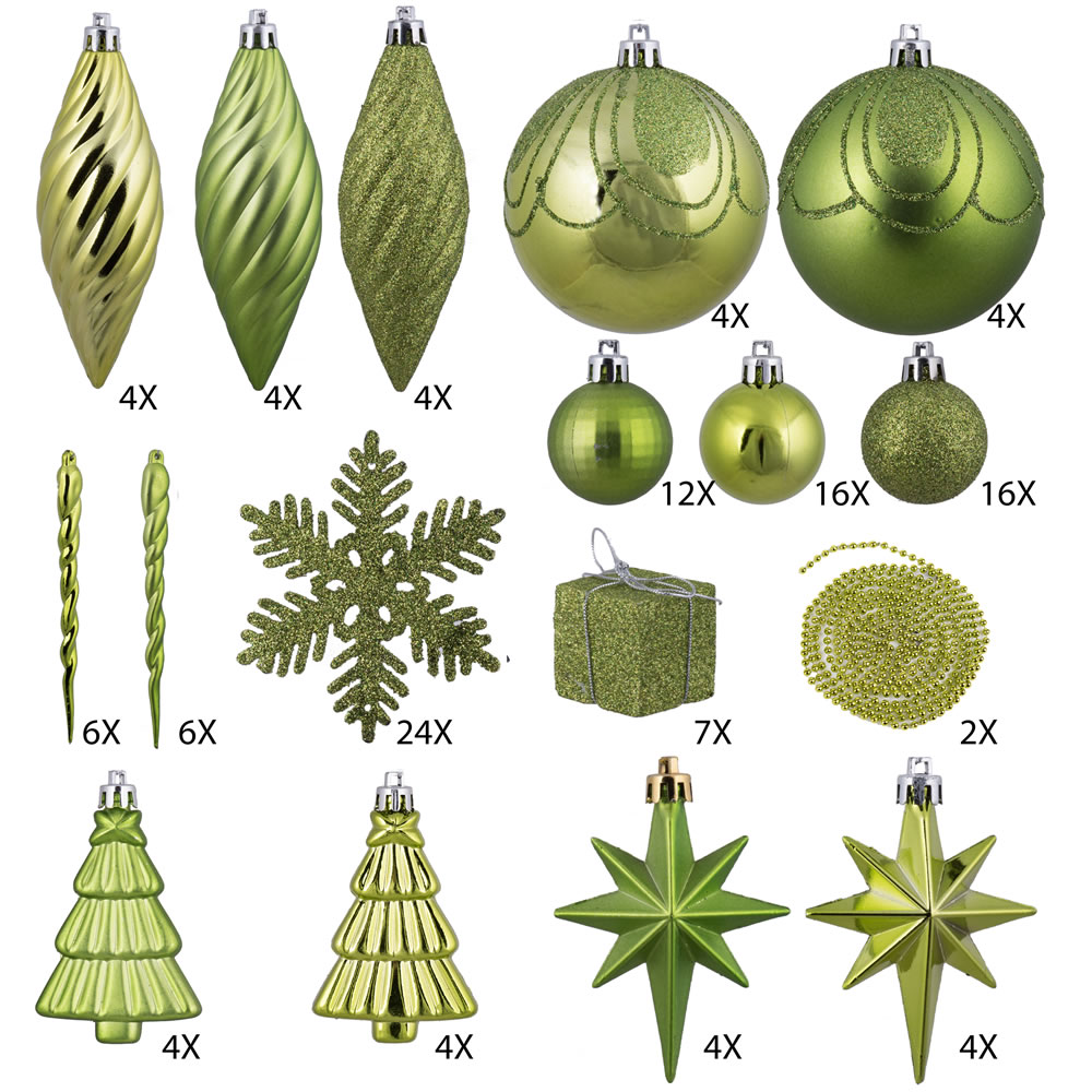 125 Piece Lime Green Assorted Plastic Christmas Ornament Set