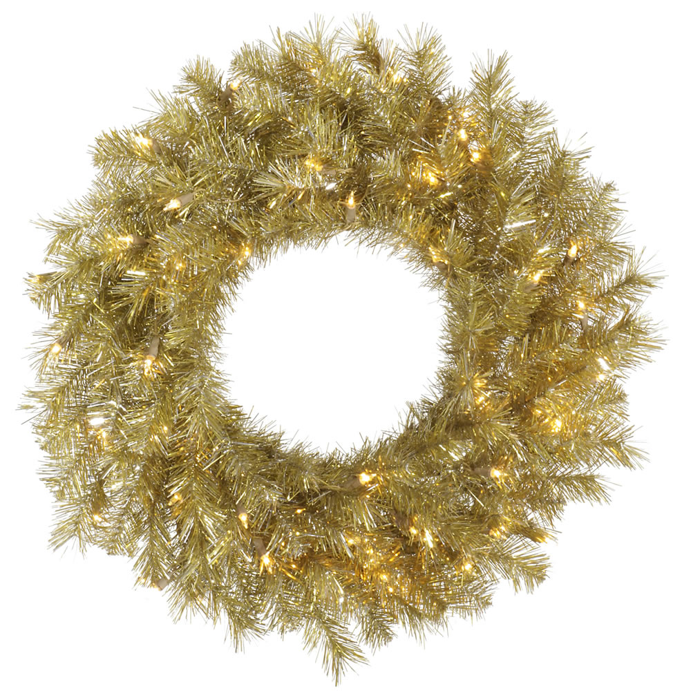 Christmastopia.com - 24 Inch Gold Silver Tinsel Artificial Christmas Wreath 50 DuraLit Incandescent Clear Mini Lights