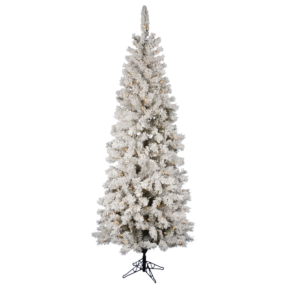 6.5 Foot Flocked Pacific Pencil Artificial Christmas Tree 300 DuraLit LED M5 Italian Warm White Mini Lights