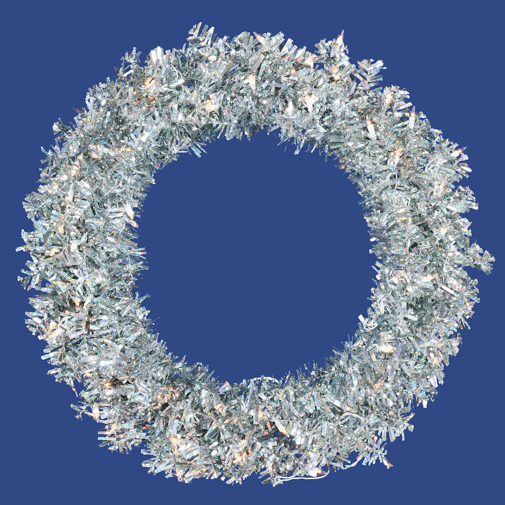 36 Inch Silver Wide Cut Artificial Christmas Wreath 100 Clear Lights