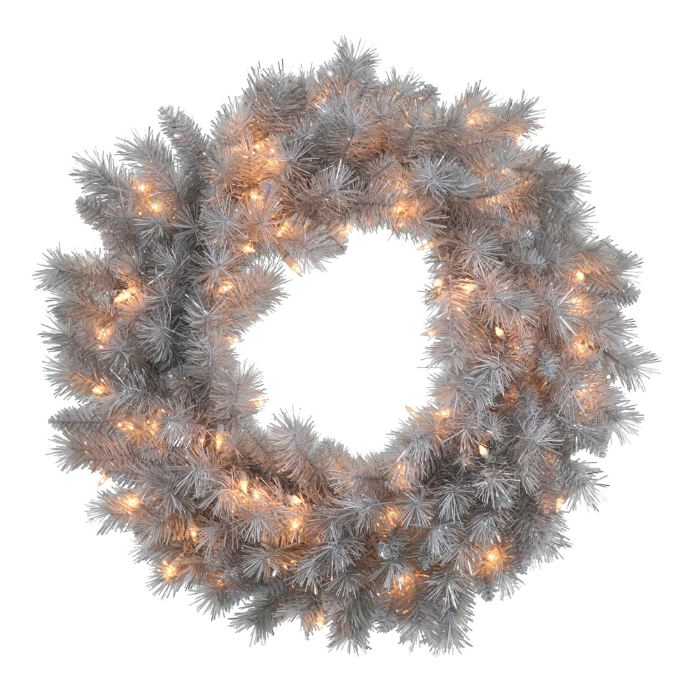 42 Inch Silver White Artificial Christmas Wreath 150 Clear Lights