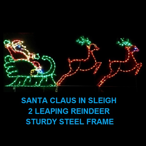 
Santa Claus in Sleigh with Leaping Reindeer LED Lighted Outdoor Christmas Decoration