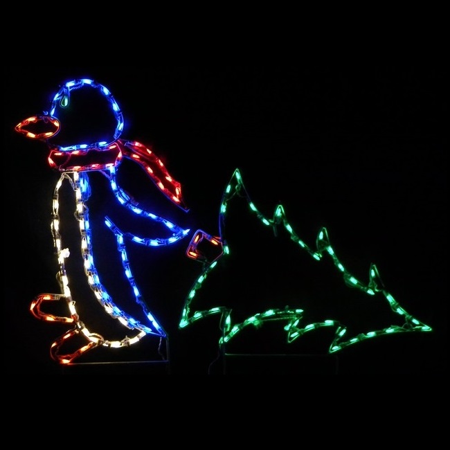Penguin Pulling A Christmas Tree LED Lighted Outdoor Christmas Decoration