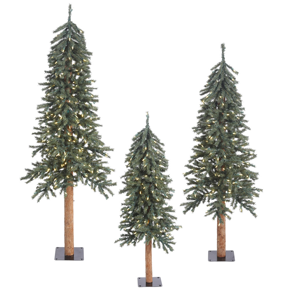 Natural Bark Alpine Artificial Christmas Tree - 500 DuraLit Incandescent Clear Mini Light - Large Set of 3