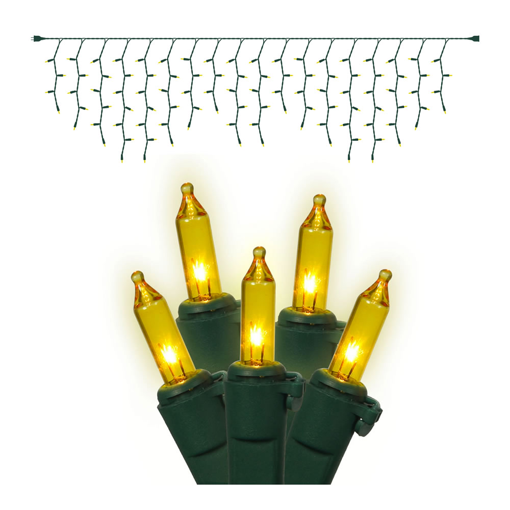 100 Gold Mini Incandescent Christmas Icicle Light Set Green Wire
