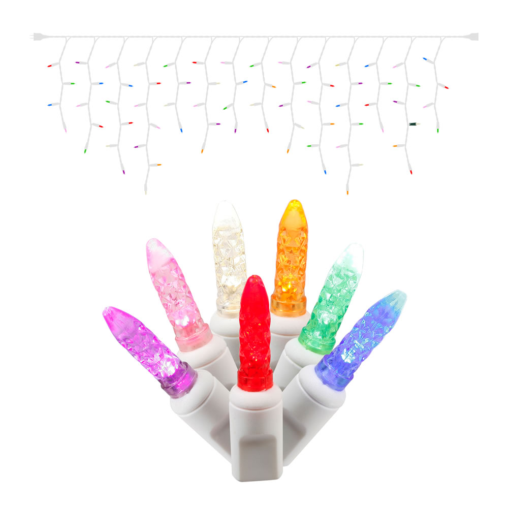 70 Commercial Grade LED Italian M5 Faceted Multi Color Christmas Icicle Light Set White Wire