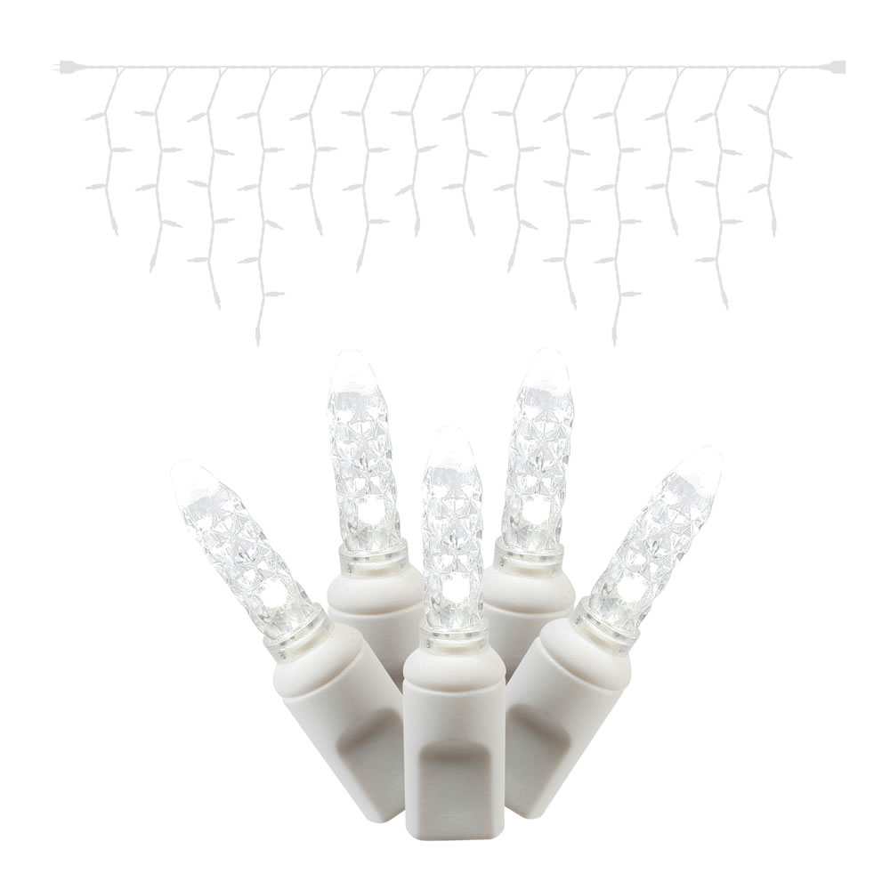 70 Commercial Grade LED Italian M5 Faceted Pure White Christmas Icicle Light Set White Wire