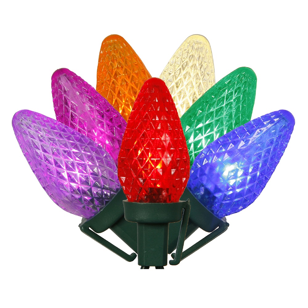 25 LED Commercial Grade C7 Night Light Multi Color Faceted Reflector Christmas Light Set Green Wire