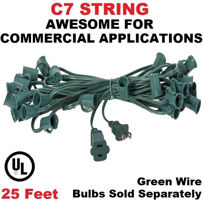25 Foot C7 Socket Christmas Light Cord 12 Inch Spacing Green Wire