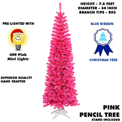 7.5 Foot Lighted Pencil Pink Artificial Christmas Tree Pink Lights