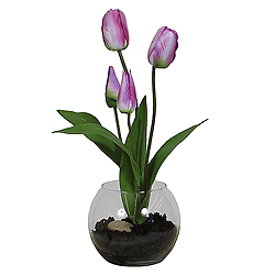 Purple Tulip Artificial Floral Arrangement Glass Bowl with Faux Soil