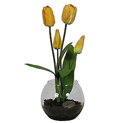 Yellow Tulip Artificial Floral Arrangement Glass Bowl with Faux Soil