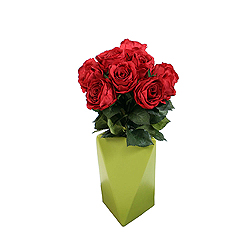 Christmastopia.com - Red Rose Artificial Floral Arrangement Chartreuse Geometric Vase