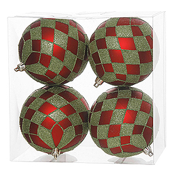 4.7 Inch Red Lime Diamond Glitter Round Shatterproof UV Christmas Ball Ornament 4 per Set
