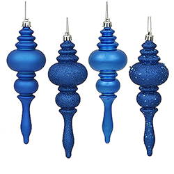 Christmastopia.com 7 Inch Blue Finial Assorted Finishes Christmas Ornament Shatterproof Set of 8