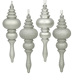 Christmastopia.com - 7 Inch Silver Finial Assorted Finishes Christmas Ornament Shatterproof Set of 8