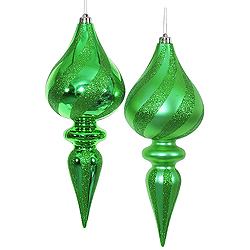 12 Inch Green Assorted Finishes with Glitter Swirl Stripes Finial Christmas Ornament